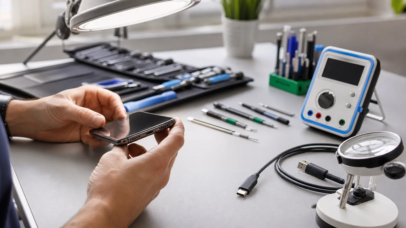 Techniker prüft die Ladebuchse eines ausgeschalteten Smartphones auf einer hellen Werkbank
