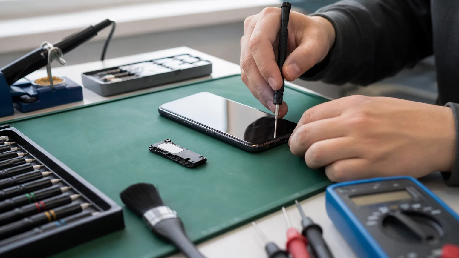Technikerarbeitsplatz mit geöffnetem Smartphone und Werkzeug zur Lautsprecherdiagnose