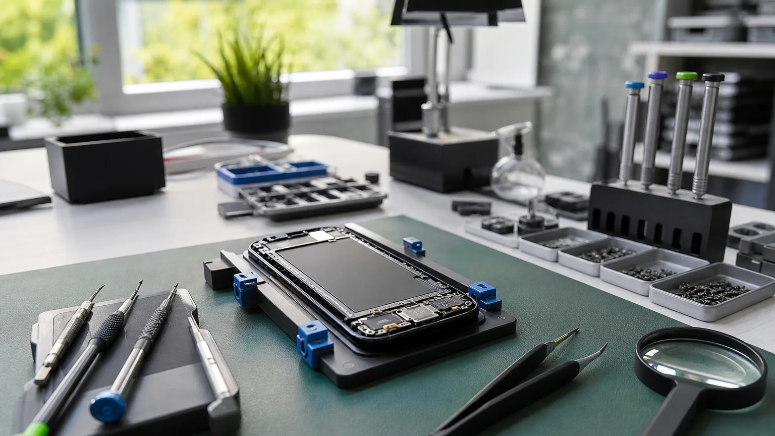 Technikerarbeitsplatz mit geöffnetem Smartphone zur Diagnose der Mikrofonbaugruppe