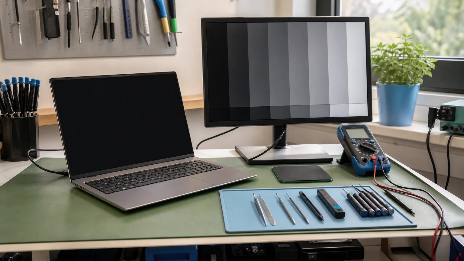 Geöffneter Laptop mit schwarzem Bildschirm bei der Diagnose in einer Reparaturwerkstatt