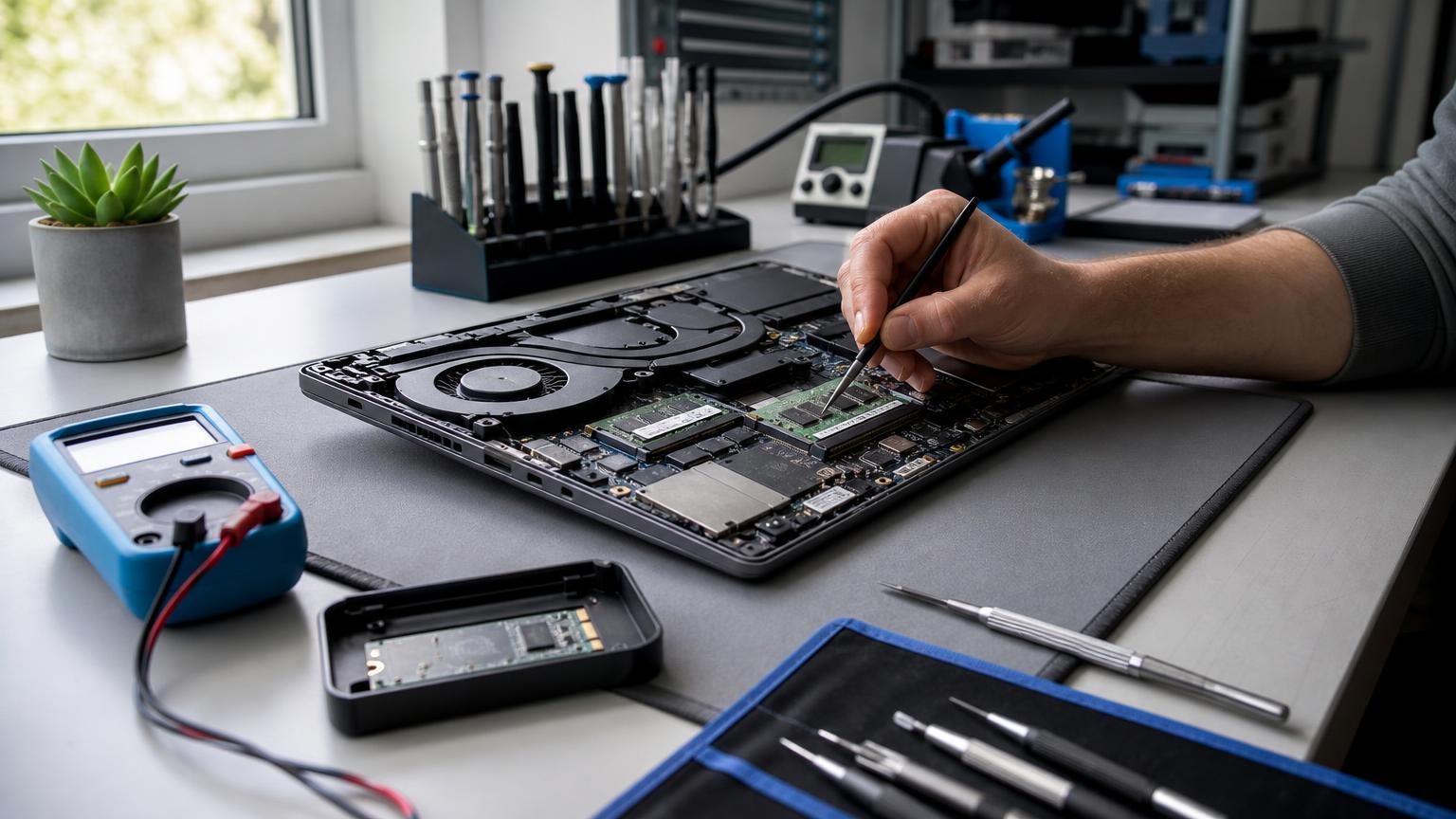 Geöffneter Laptop auf einer Werkbank bei der professionellen Diagnose einer nicht erkannten SSD